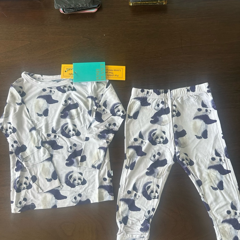Posh Peanut White and Navy Panda Pajama Set